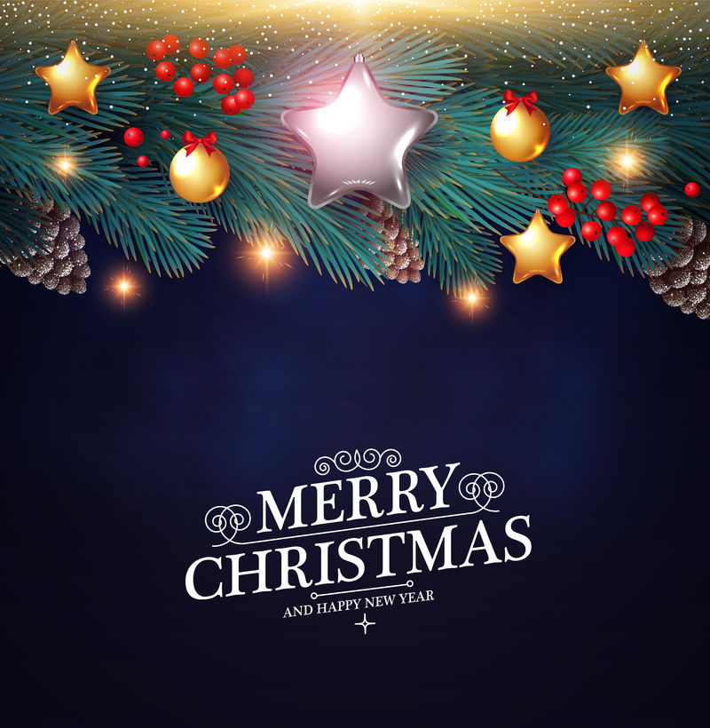 圣诞快乐的背景与现实的冷杉树枝，锥，光泽玩具和一品红。
