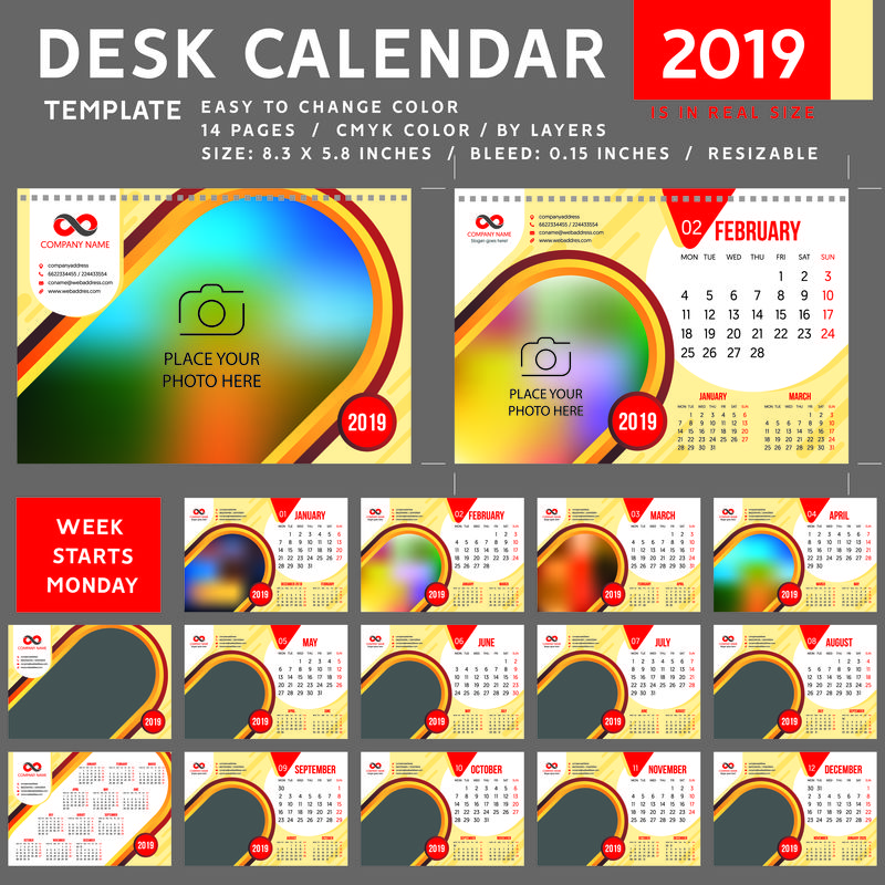 桌面日历2019-桌面日历模板-红色日历-星期一开始-矢量图-适合公司-螺旋日历-黄色