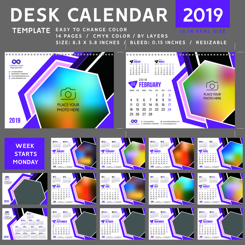 书桌日历2019-紫色日历-模板矢量