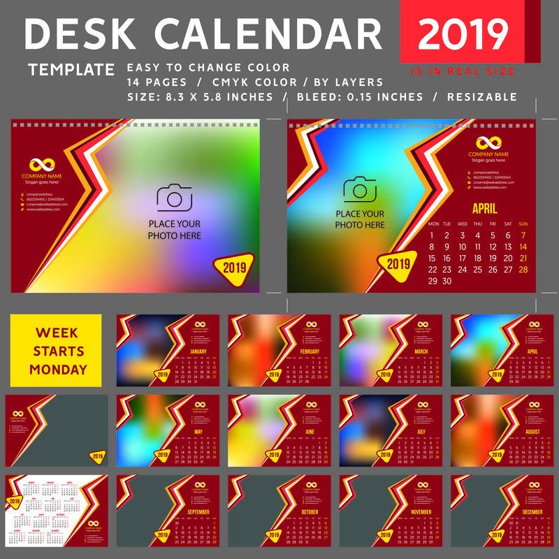 书桌日历2019-桌面日历模板-星期从星期一开始-矢量图-适合公司-螺旋日历-红色日历