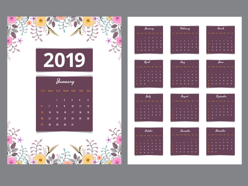 2019年年度日历设计装饰的12个月整套