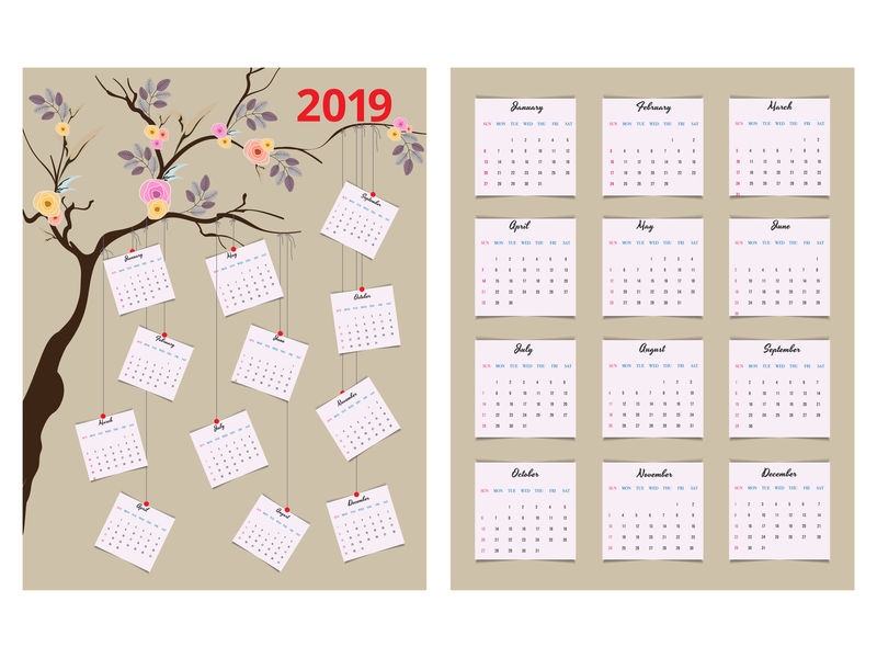 2019年日历树设计，一套12个月的带插图的模板