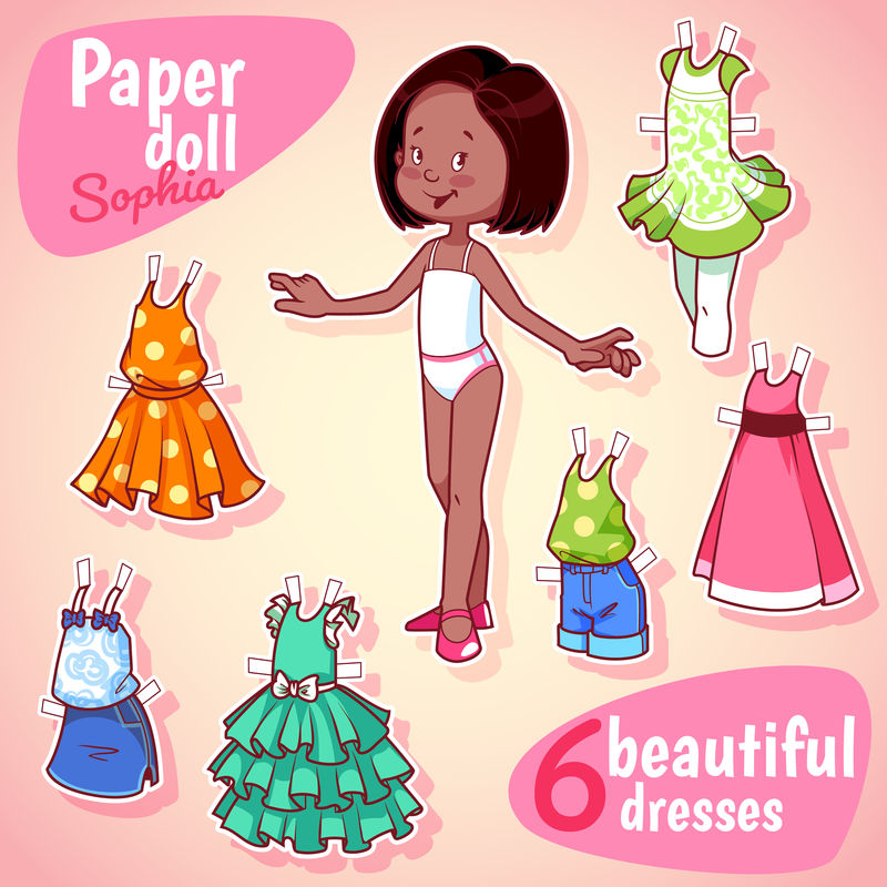 非常可爱的纸娃娃，有六件漂亮的衣服。布鲁内女孩。ve