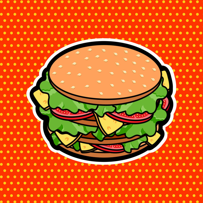 流行艺术复古风格汉堡三明治，矢量美味快餐图标
