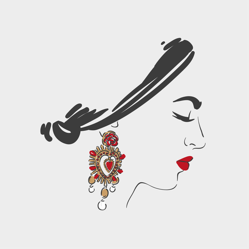 漂亮的西班牙年轻女人，戴着大金耳环和红色唇膏。矢量手绘插图。