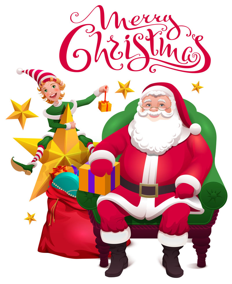 圣诞贺卡。圣诞老人坐在椅子上，小精灵助手和一个装满礼物的打开的袋子里。