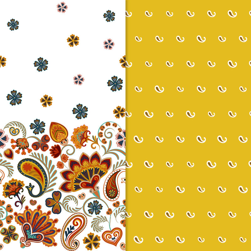 一套两个水平无缝花卉图案与佩斯利和梦幻花卉边界。衣服、床上用品、衣服织物等的手工纹理。黄色