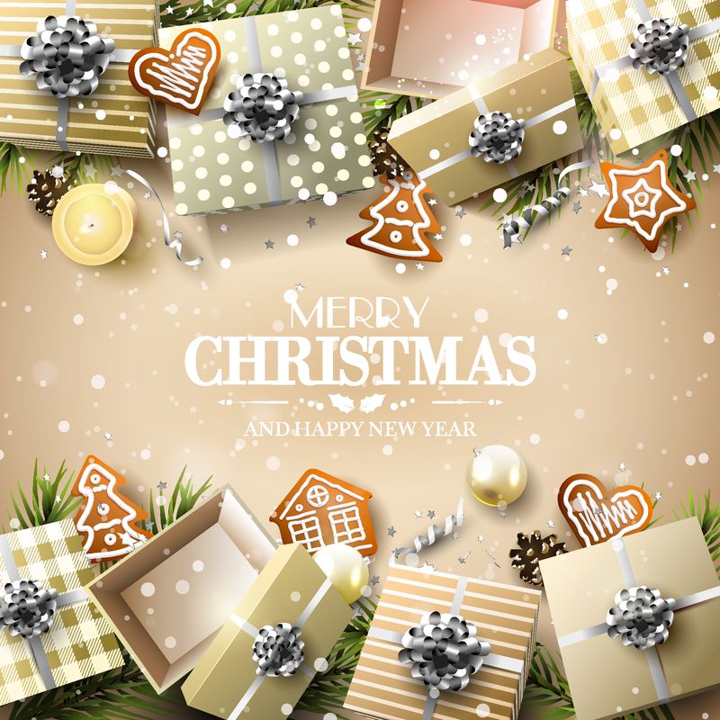 圣诞礼物盒、小玩意儿、树枝和松果在黄金背景下——奢华圣诞贺卡