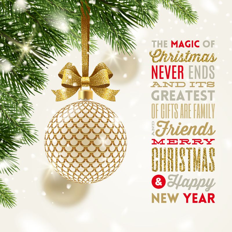 圣诞贺卡-在圣诞树上挂着闪闪发光的金蝴蝶结的金色小饰品和类型设计的贺卡-矢量图
