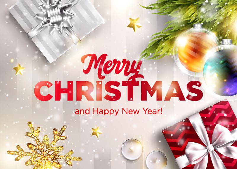 圣诞快乐矢量贺卡-2019新年快乐平面设计模板-节日现场有书法、红银礼盒、丝带、圣诞球、雪花-节日圣诞海报