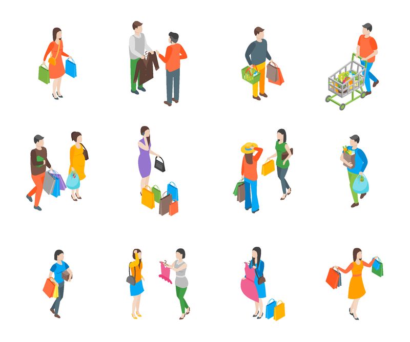 Shopping People 3D图标集等距视图包括包、购物车、衣服、情侣、礼物和手推车-矢量图解