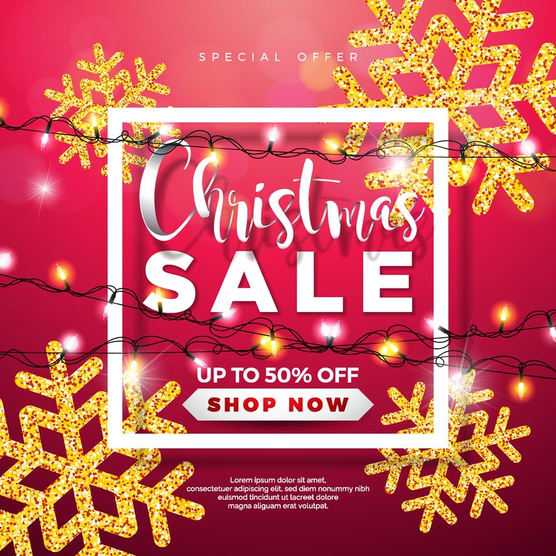 圣诞销售设计-红色背景上有灯光花环和闪闪发光的雪花-假日矢量插图-提供优惠券、优惠券、横幅、传单、促销活动的特殊字体元素
