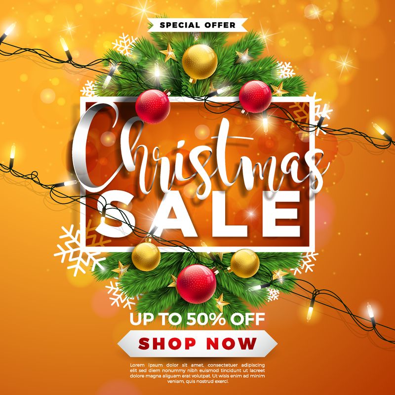 圣诞销售设计-橙色背景下的装饰球和松树枝-假日矢量插图-提供优惠券、优惠券、横幅、传单、促销活动的特殊字体元素