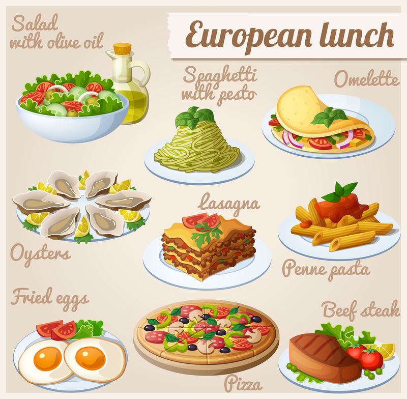 一组食物图标。欧洲午餐