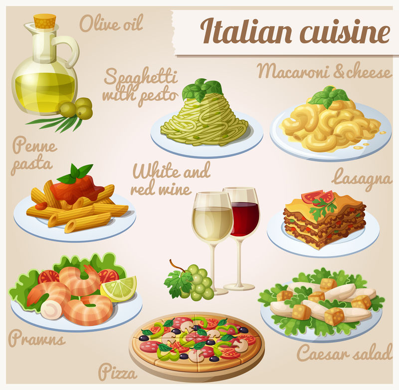 一组食物图标。意大利菜。意大利面配比索、意大利宽面条、Penne意大利面番茄酱、披萨、橄榄油、通心粉和奶酪、杯装红酒、明虾凯撒沙拉