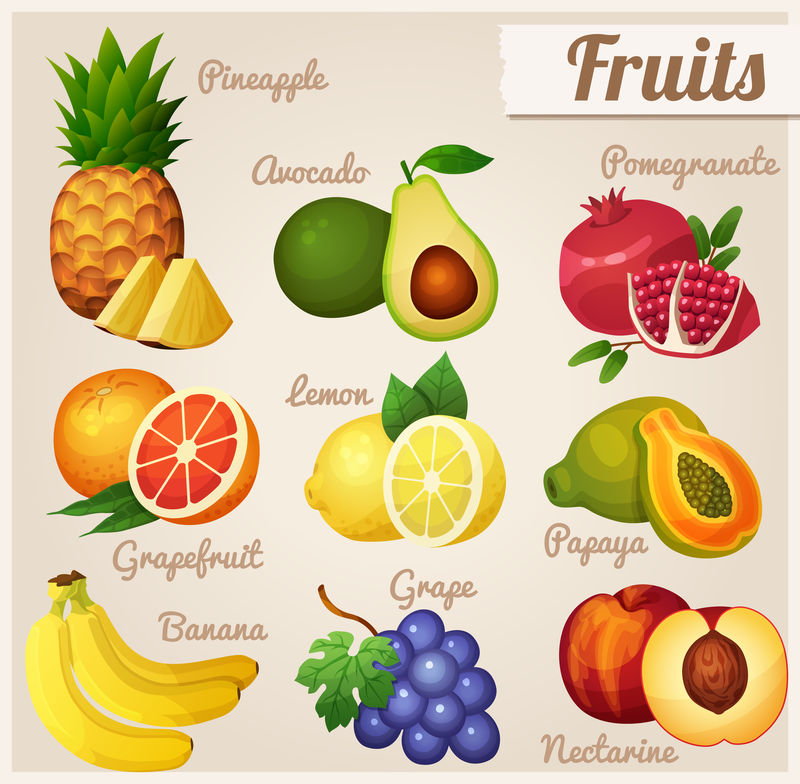 一组食物图标。水果。