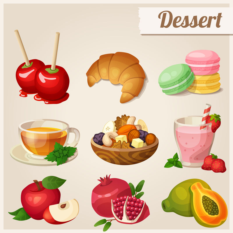 一组不同的食物图标。甜点。