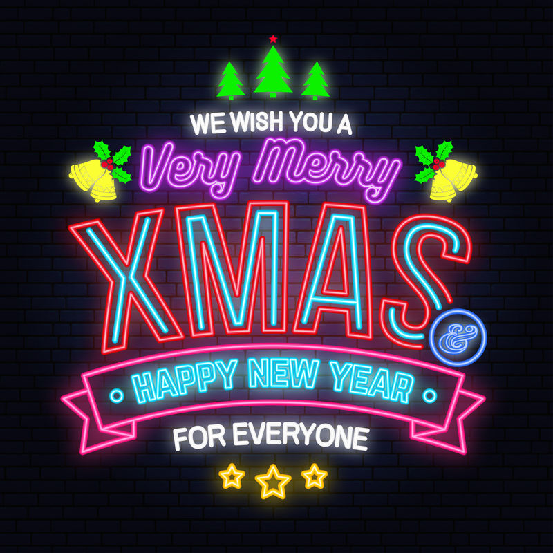 我们祝你圣诞快乐，新年快乐，贴上冬青、浆果、圣诞树、铃铛。