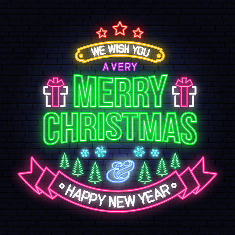 我们祝你圣诞快乐，新年快乐，雪花霓虹灯，圣诞树，礼物。矢量。