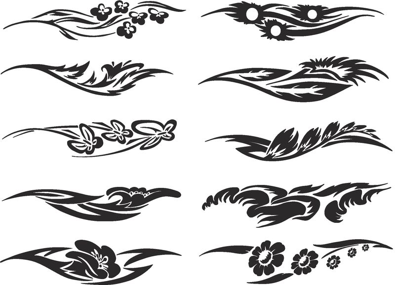 一套黑白花卉装饰小插画-以花卉图案、装饰性细条纹元素和排版插图形式的纹身草图