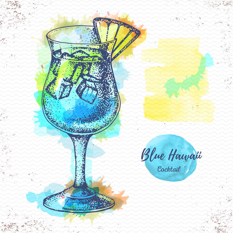 水彩鸡尾酒蓝色夏威夷素描。鸡尾酒向量Illustr