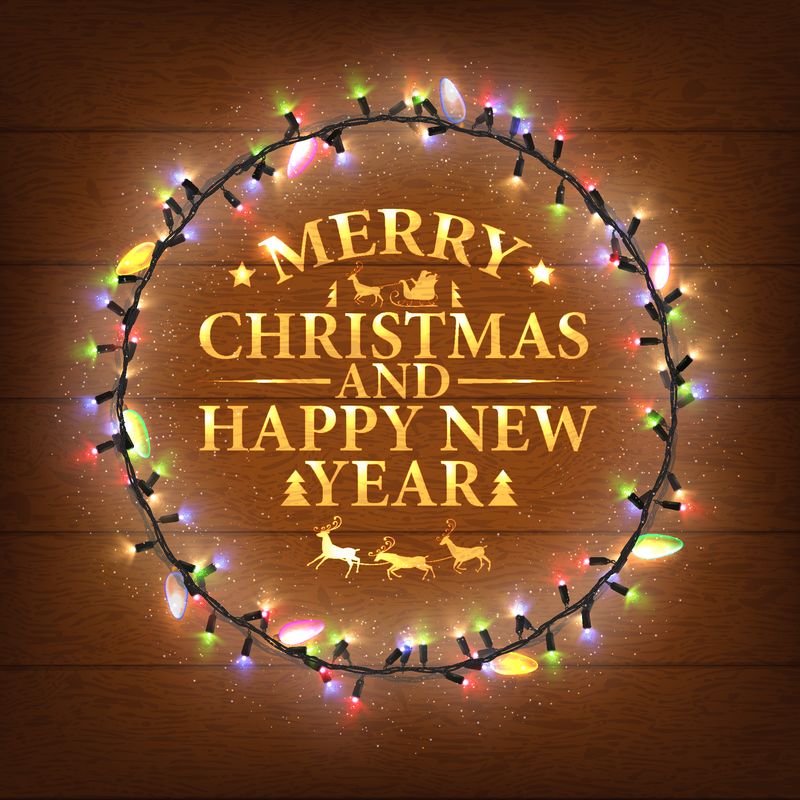 发光的彩色圣诞灯花环为圣诞节节日贺卡设计-木矢量背景-金色字体