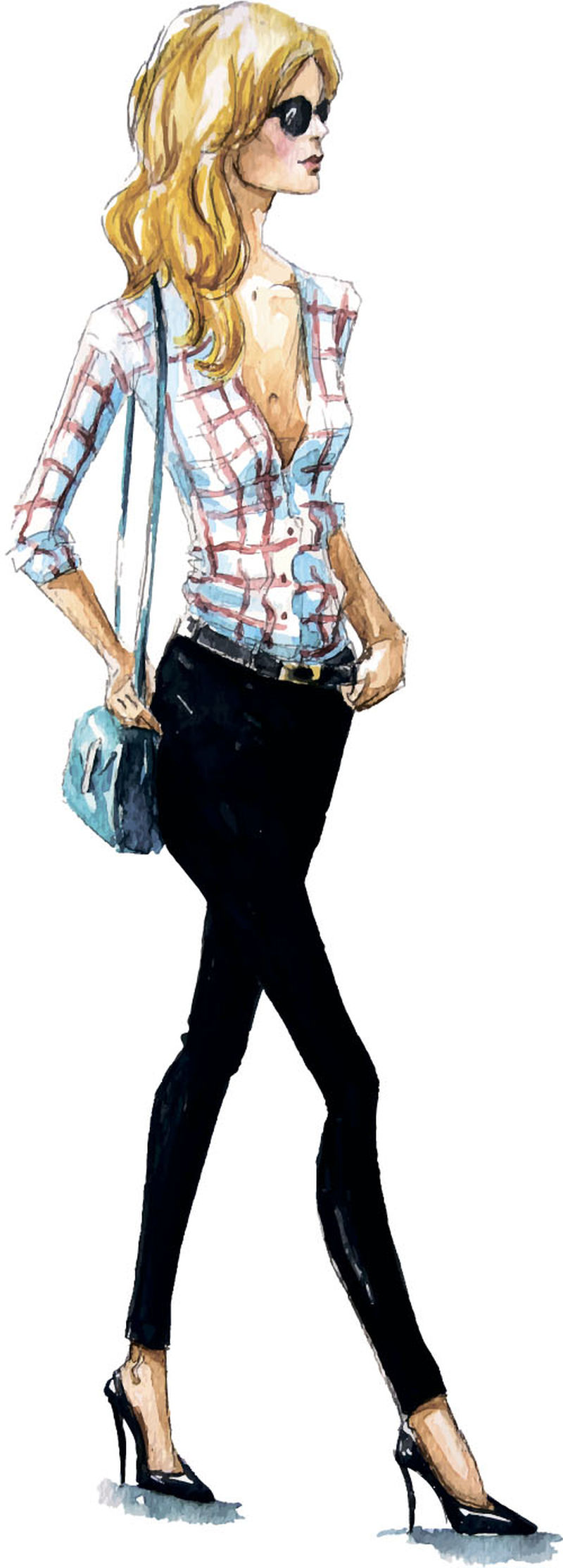 街头时尚-一个女孩走路的时尚插图-夏季造型-水彩画-手绘-矢量图