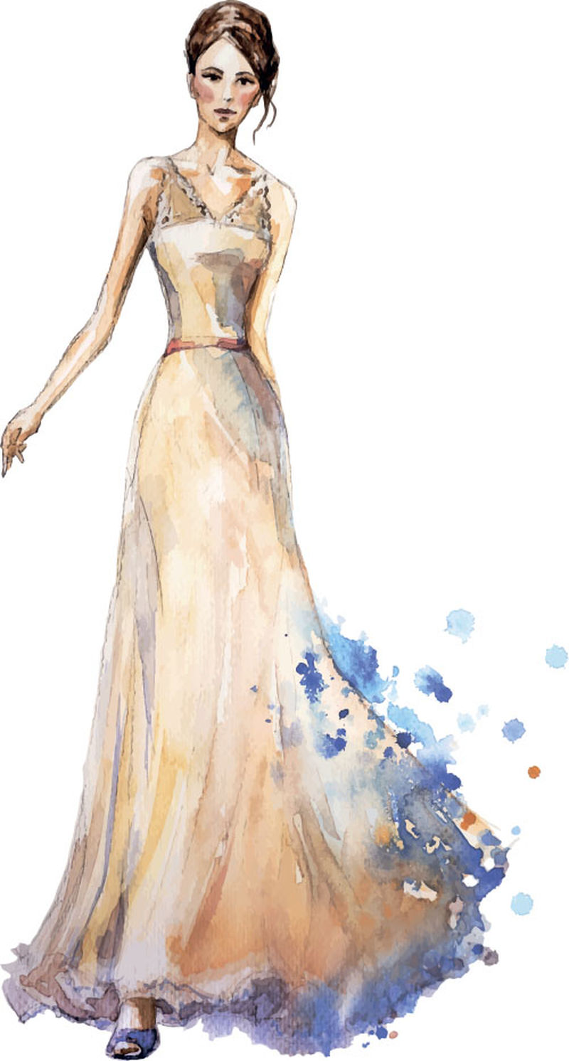水彩画时尚插画-美丽的少女身着长裙-结婚礼服-矢量图