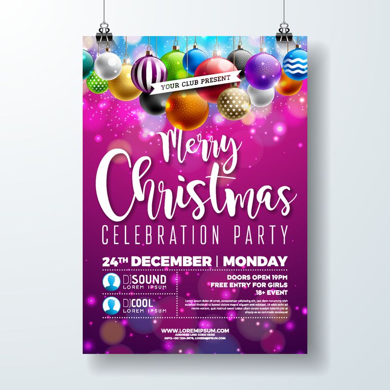 圣诞快乐派对传单设计-节日印刷字体和亮丽背景上的彩色装饰球-用于邀请或横幅的矢量庆祝海报插图模板