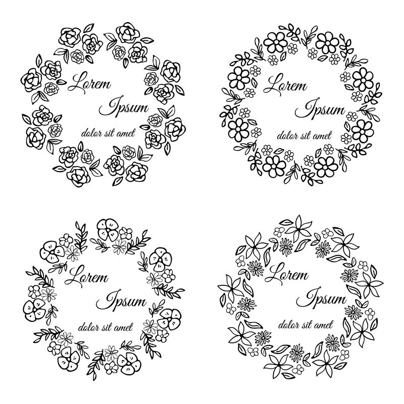 花卉圆形框架与您的文字。矢量设计。黑色和白色