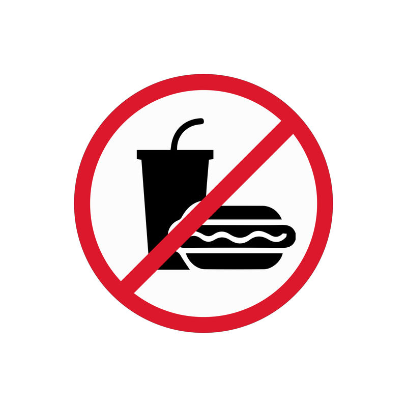 带文字的禁止饮食标志、公共场所禁止标志贴纸、白底隔离、平面设计矢量图