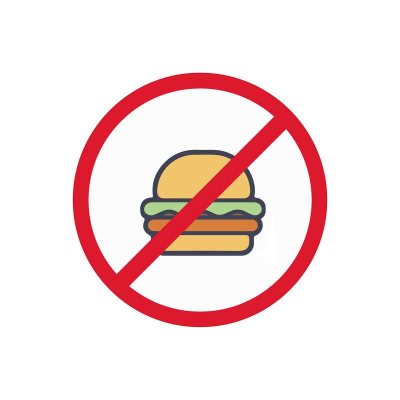 快餐禁令标志在白色透明背景上-汉堡包在禁止的红色圆圈内与十字线相交-饮食不好的地方