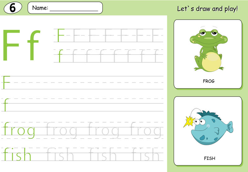 卡通青蛙和鱼。字母表跟踪工作表：编写A-Z A