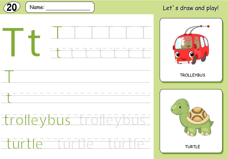 卡通无轨电车和乌龟。字母表跟踪工作表：书面