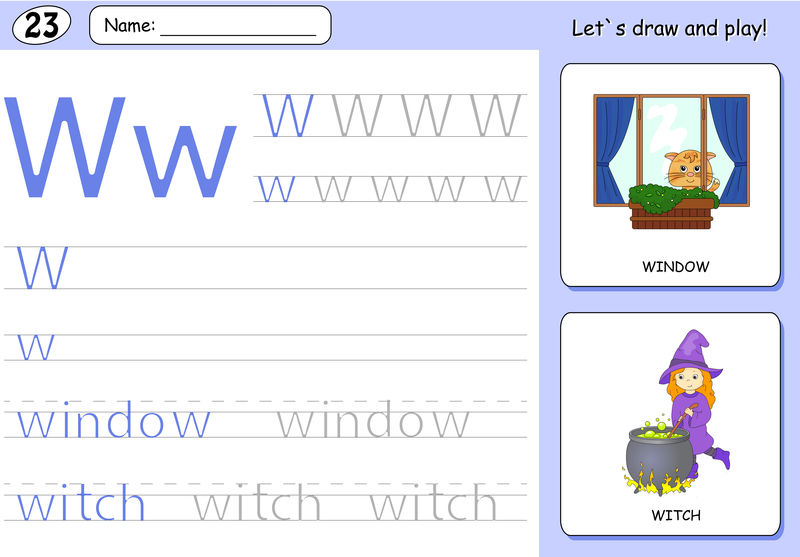 卡通女巫和窗户。字母表跟踪工作表：编写-