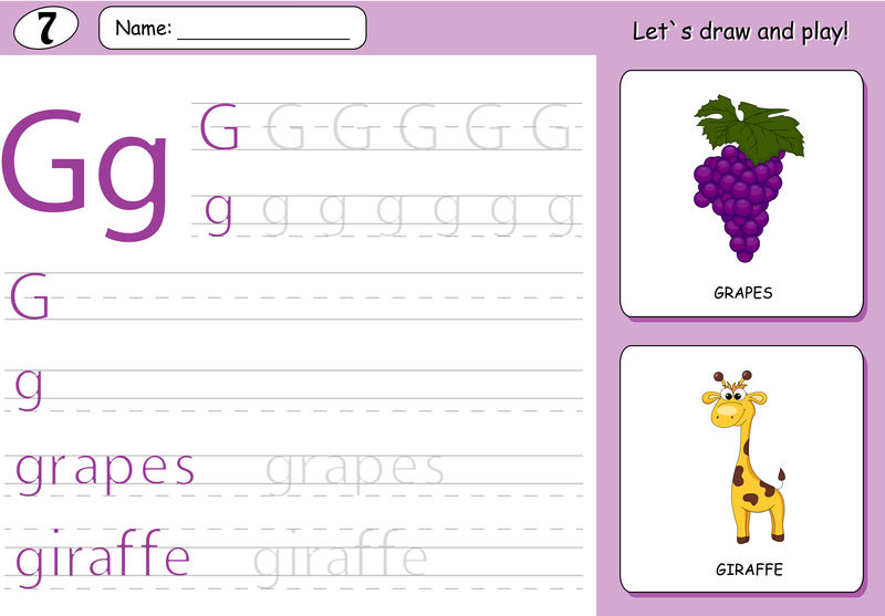 卡通葡萄和长颈鹿。字母表跟踪工作表：书写