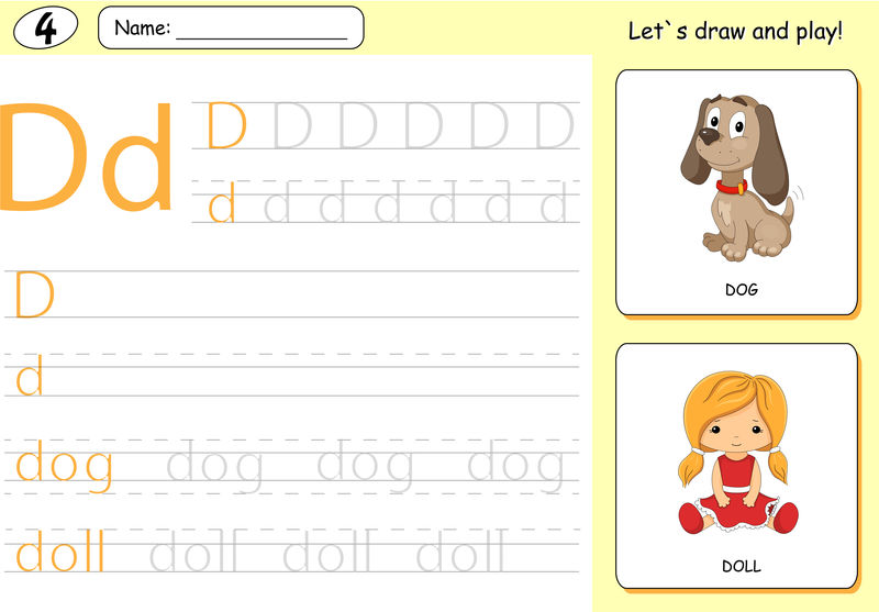 卡通狗和洋娃娃。字母表跟踪工作表：编写A-Z和