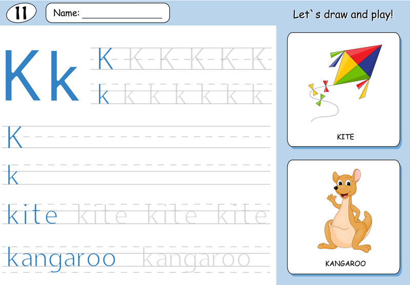 卡通风筝和袋鼠。字母表跟踪工作表：编写