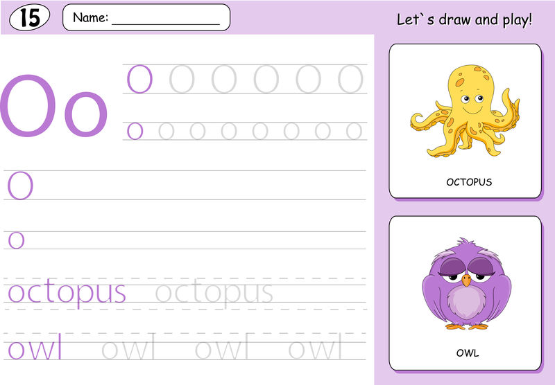 卡通章鱼和猫头鹰。字母表跟踪工作表：编写A-Z