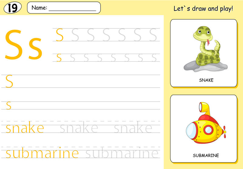 卡通蛇和潜水艇。字母表跟踪工作表：书写
