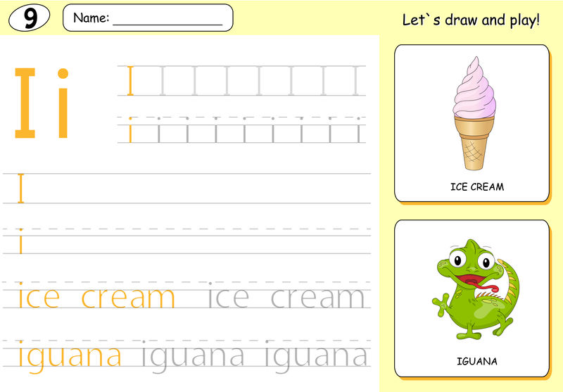 卡通冰淇淋和鬣蜥。字母表跟踪工作表：书写