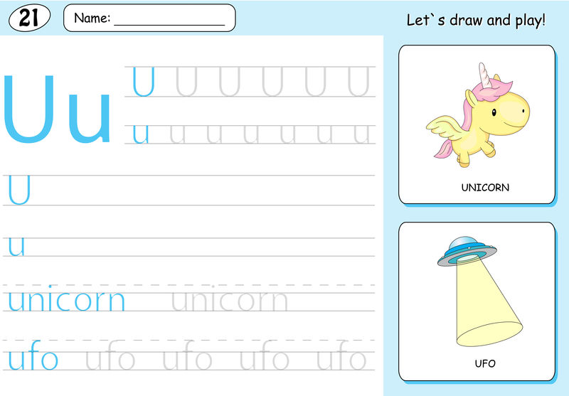 卡通独角兽和不明飞行物。字母表跟踪工作表：编写A-Z