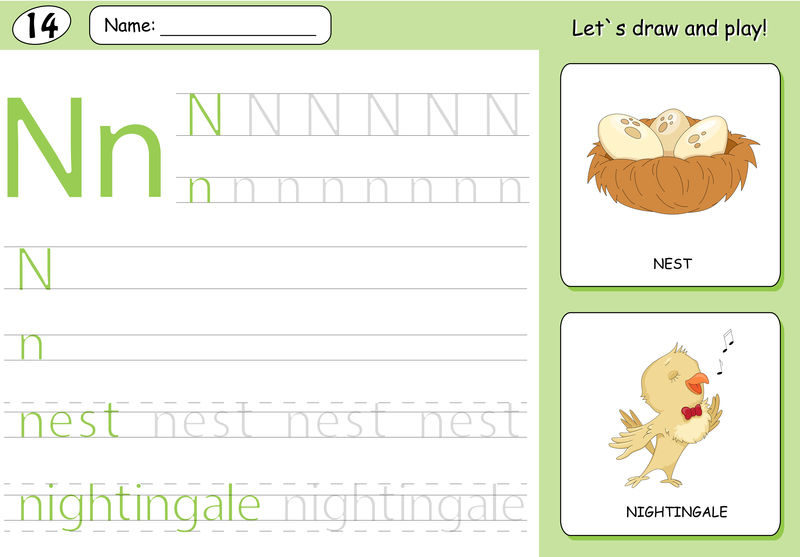 卡通夜莺和鸟巢。字母表跟踪工作表：书写
