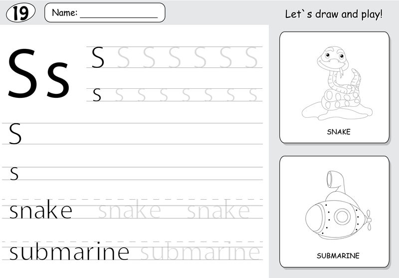 卡通蛇和潜水艇。字母表跟踪工作表：书写