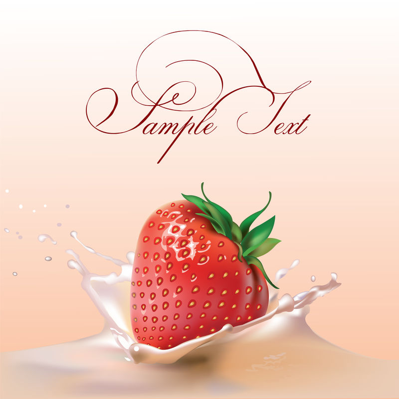 带牛奶飞溅的逼真矢量草莓-带草莓的春季设计-漂亮的海报-销售横幅-矢量3D插图-水果食品包装设计