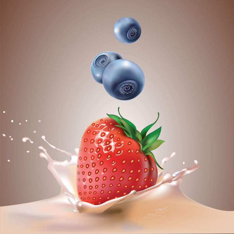 矢量现实草莓落在粉红色牛奶或酸奶的飞溅-孤立的对象