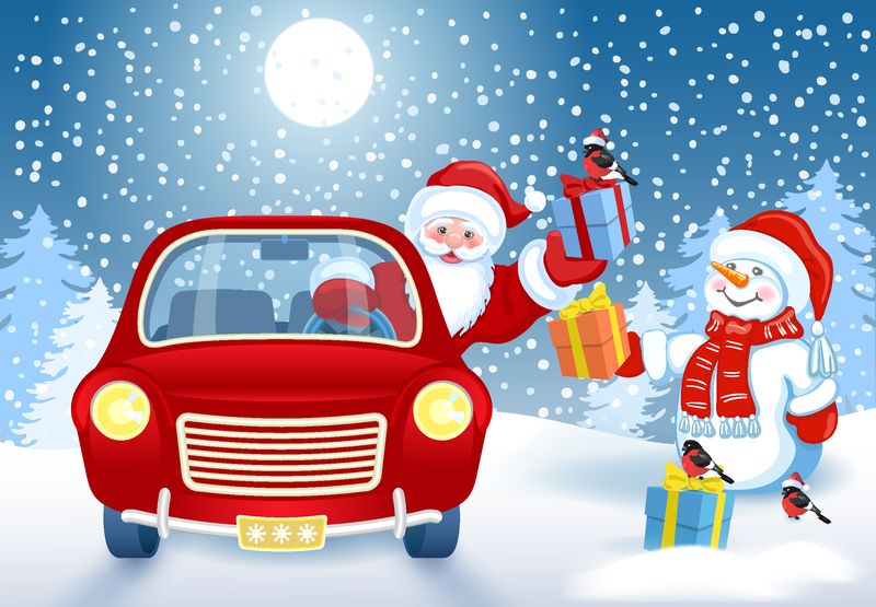 圣诞卡-圣诞老人坐在红色汽车里-礼品盒和雪人在冬天的森林背景下-新年设计明信片