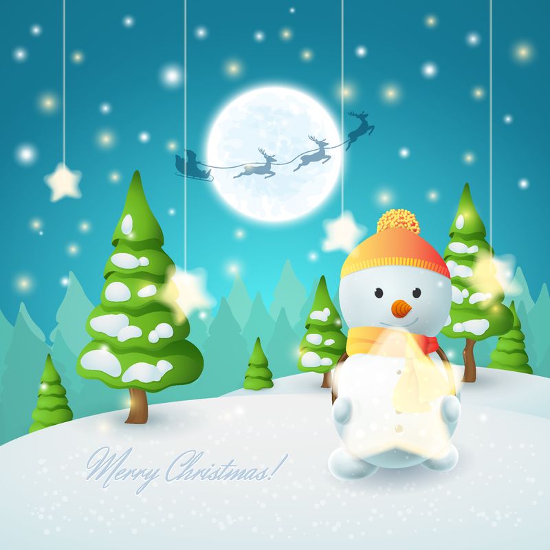 有雪人和星星的卡通冬季景观-圣诞老人雪橇、鹿、树和雪的节日夜晚场景-Vector节日卡片-标题为&quot；圣诞快乐&quot；