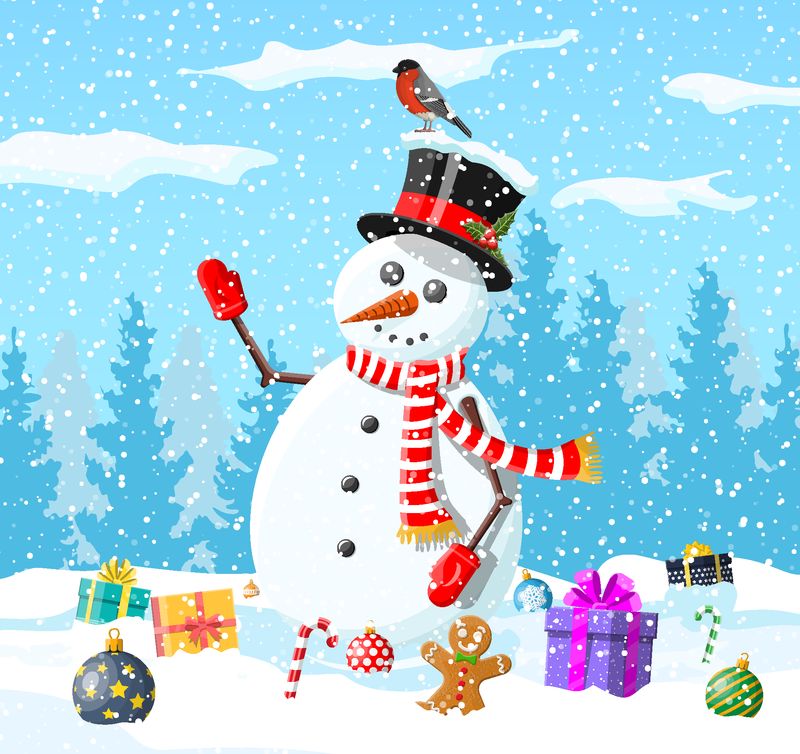 冬季圣诞节背景-雪人-礼物-松树和雪-冬季风景区有冷杉林和雪景-新年快乐-新年圣诞节-矢量插图平面样式