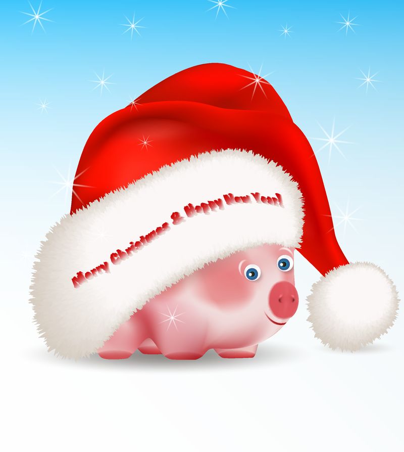 小可爱的小猪-一个中国新年的象征-从大圣诞老人的帽子下向外窥视-用蓝色背景和星星问候圣诞快乐和新年快乐-矢量图